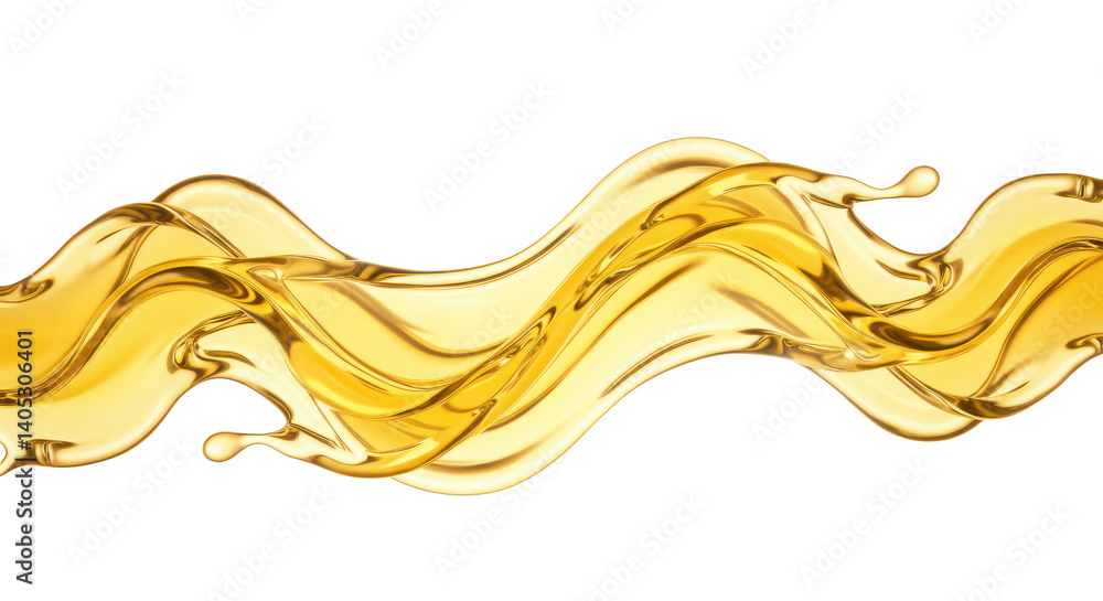 Poster golden liquid splash with wavy pattern and transparent background in a studio shot close up view