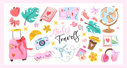 Girly Travels is a hand drawn vector set with cute travel items such as suitcase, passport, camera, coffee, globe, ticket. Perfect for planners, stickers, prints, and summer designs.