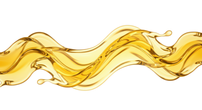 Golden liquid splash with wavy pattern and transparent background in a studio shot close up view