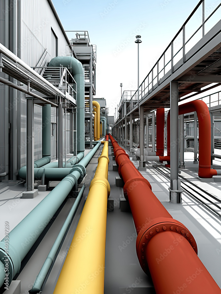 Poster thermographic imaging of industrial pipeline system showcasing various colored pipes and structures.