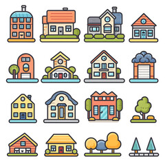 Naklejka premium Architectural Variety: A charming collection of assorted homes, each with a unique design. This vector illustration showcases the beauty of diverse architectural styles.