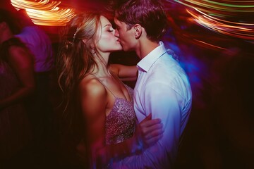 Couple kiss while dancing in a nightclub, surrounded by intense purple and red motion