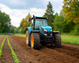 Obraz premium Blue tractor cultivating a field of young plants. Generative AI