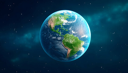 Obraz premium Detailed Earth globe in space, North and South America visible, surrounded by stars and nebula. Generative AI