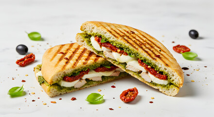 Delicious Panini Sandwich With Fresh Mozzarella Pesto And Sun Dried Tomatoes