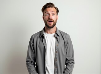 Fototapeta premium A man in casual clothes with medium skin and straight hair, surprised, standing in front of a white background, studio lighting, centered composition, 4K photo, shallow depth of field. Mockup.