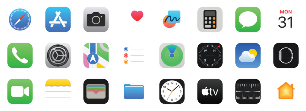 Apple set icon apps. Apple mockup. Iphone display app. Popular apps. Safari. Editorial vector illustration.