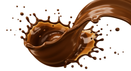 Chocolate splash with droplets and a swirling motion against a black background in a studio shot
