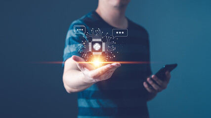 Man chat to AI or artificial intelligence technology. Concept of using AI technology, Chatting to support work and managing data via smart phone