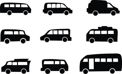 Silhouette Icon Set of Various Bus and Van Types in Minimal Style