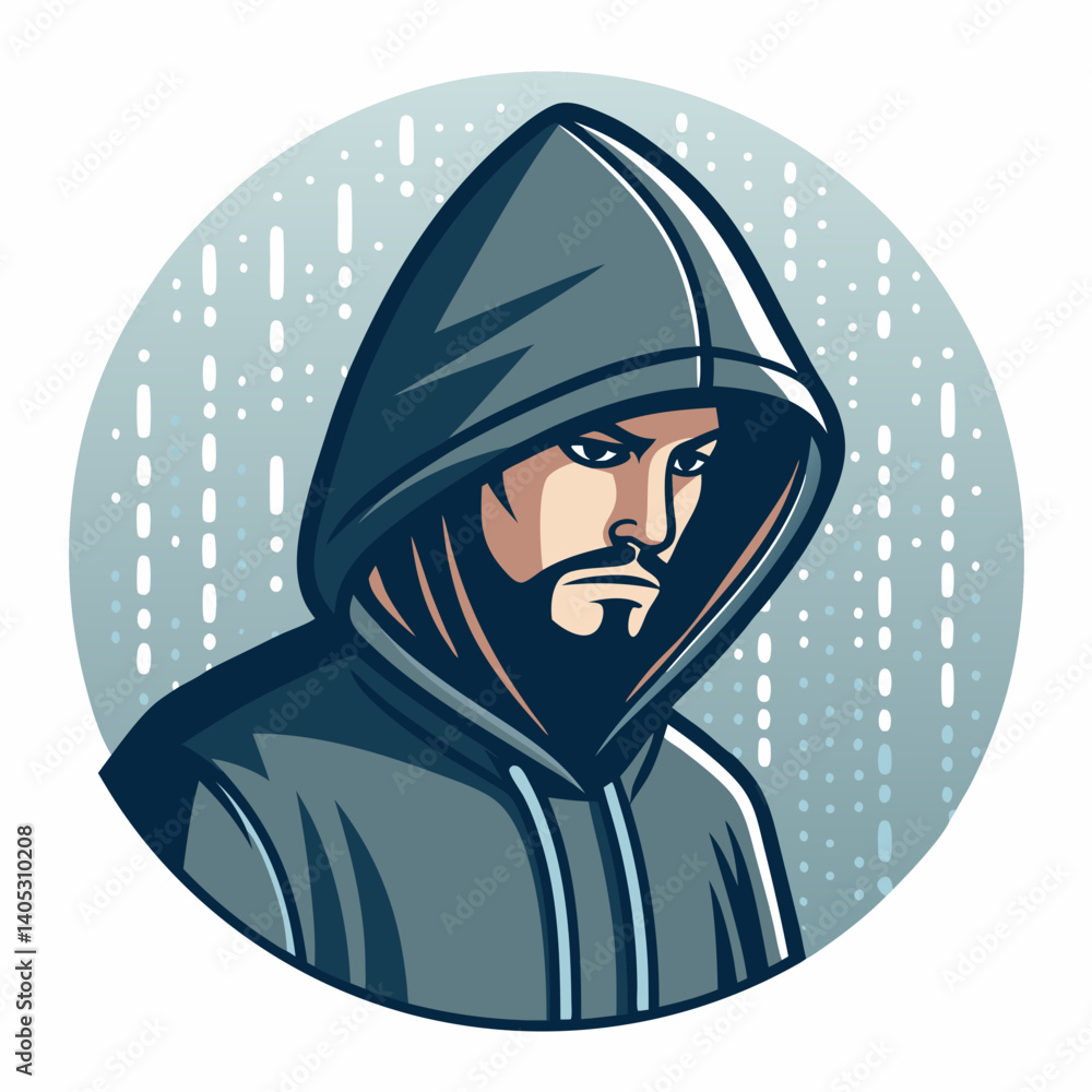 Poster create a bold-stroked vector avatar of a hacker for esports, featuring a stylized, detailed design.