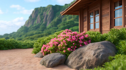 Secluded wooden cabin nestled amongst vibrant rhododendrons and imposing mountains. Generative AI
