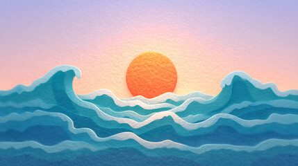 Stylized ocean waves at sunset. Generative AI