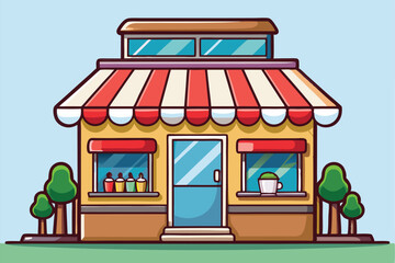 Cartoon storefront building with awning and trees
