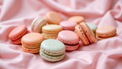 Obraz premium Colorful Macarons Displayed Elegantly on Silky Fabric Culinary Delight Gourmet Photography Soft Lighting Aesthetic Presentation