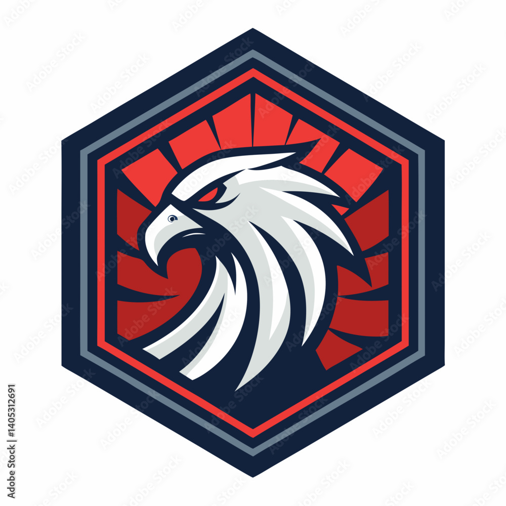 Poster design a vector hexagonal emblem with bold strokes, featuring a layered design and contrasting color