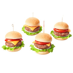 Delicious mini sliders gourmet burger appetizers cheese and tomato on fresh lettuce buns isolated food shot on transparent background
