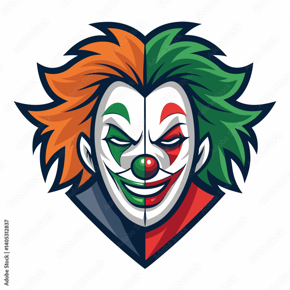 Poster create a vector illustration of a bold-stroked joker clown mask, emphasizing detailed features and v