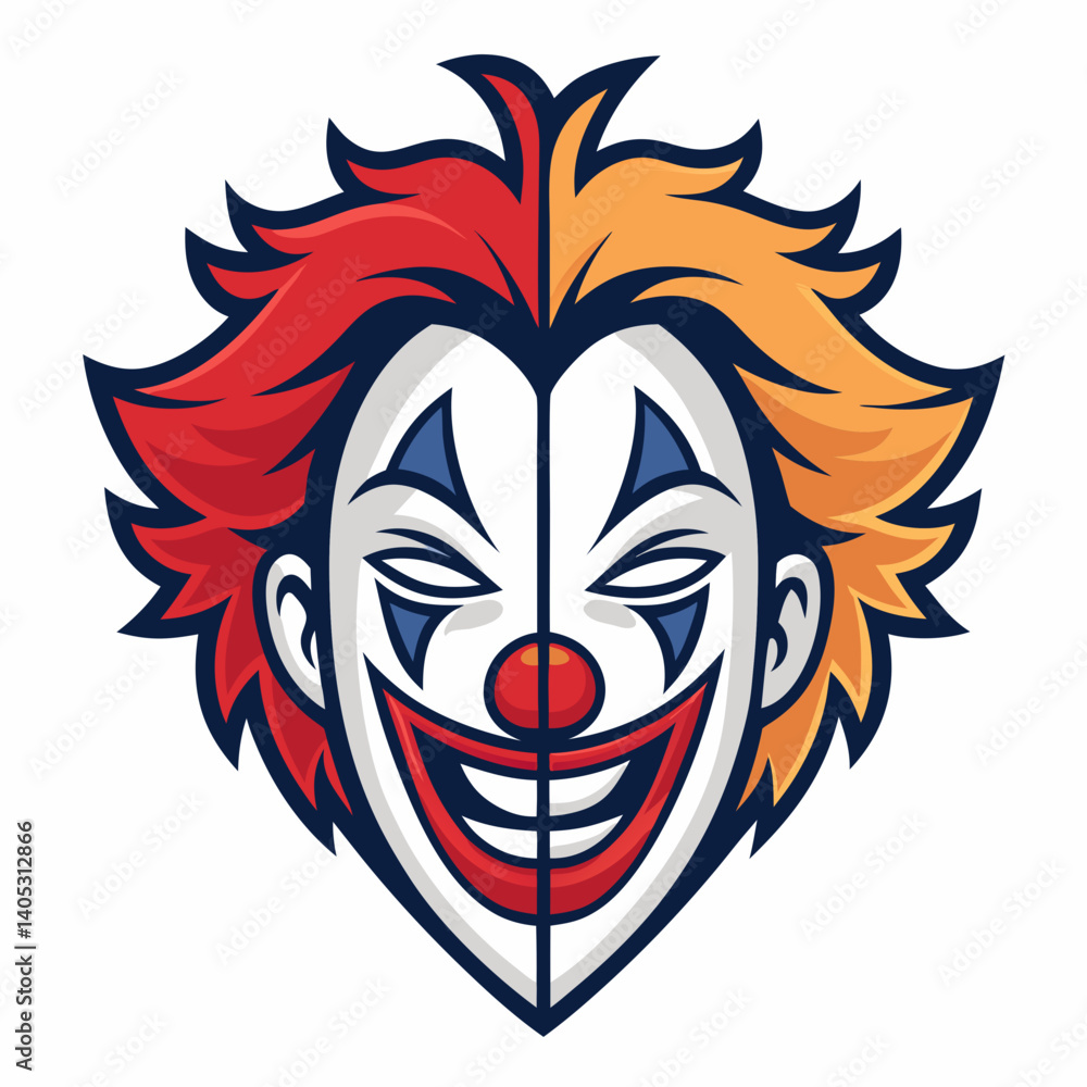 Poster create a vector illustration of a joker clown and mask with a bold, black stroke.