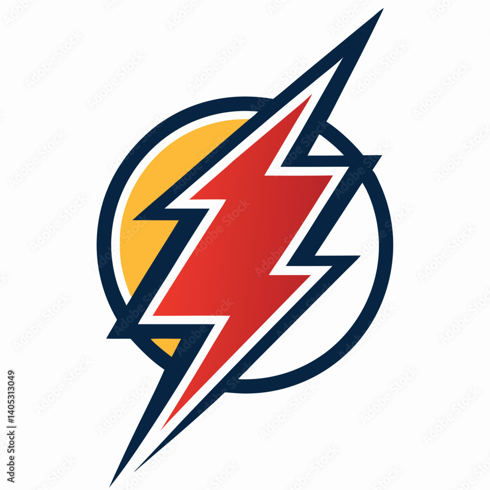 Poster create a vector graphic of a bold, stylized lightning bolt with a split, featuring a dark blue strok