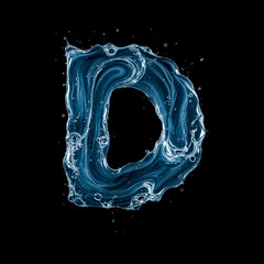 Letter D Made of Splashing Water on Black Background &ndash; 3D Liquid Typography Concept