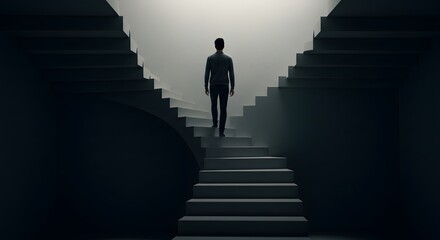 Silhouette of a businessman walking down a dark staircase, a concept illustrating a step away from success