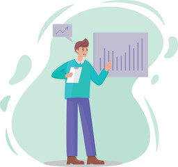 A man standing in front of a graph pointing at him analyzes sales growth data, an employee analyzes a sales growth graph, a simple and minimalistic flat vector illustration