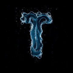Letter T Made of Splashing Water on Black Background &ndash; 3D Liquid Typography Concept