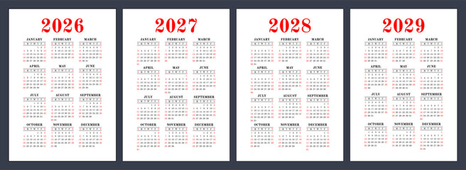 2026, 2027, 2028 and 2029 year calendar set. Color vector pocket calender design. January, February, March, April, May, June, July, August, September, October, November, December