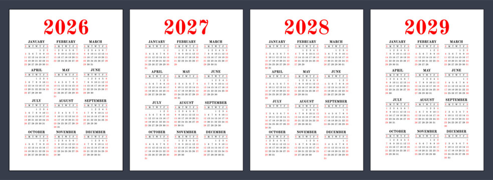 2026, 2027, 2028 and 2029 year calendar set. Color vector pocket calender design. January, February, March, April, May, June, July, August, September, October, November, December