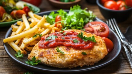 Grilled chicken with tomato sauce accompanied by french fries and fresh salad