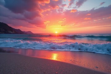 Fototapeta premium Vibrant sunset hues wash over sandy beach, gentle waves , abstract, blue