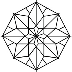 Abstract geometric mandala design, black lines on white background, intricate pattern.
