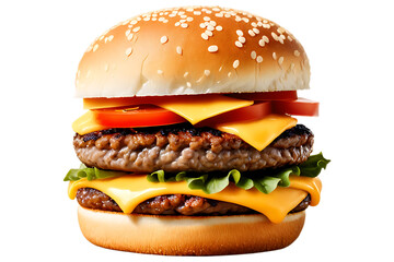 Double Cheeseburger with Lettuce and Tomato on a Sesame Seed Bun against a Neutral Background