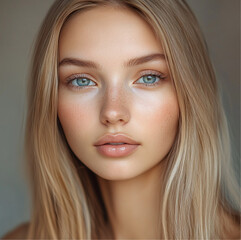 Naklejka premium portrait of a 24-year-old Ukrainian woman, long straight blonde hair. Her skin is smooth, clear, and naturally tanned, full lips, large light blue eyes with long eyelashes, and a small, delicate nose