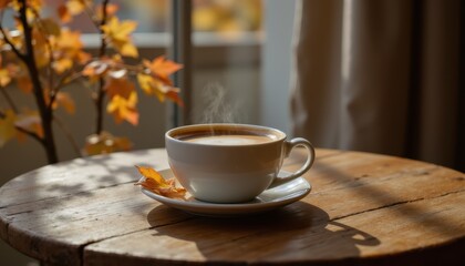 Obraz premium Cozy Coffee Moment at a Wooden Table Surrounded by Autumn Leaves Warm Atmosphere Home Setting Natural Light