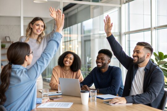 A diverse startup team waving hands to welcome a new member at a corporate meeting. (Welcome)