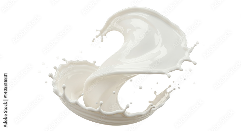 Poster a dynamic milk splash with swirling forms against a stark black background for visual contrast and i