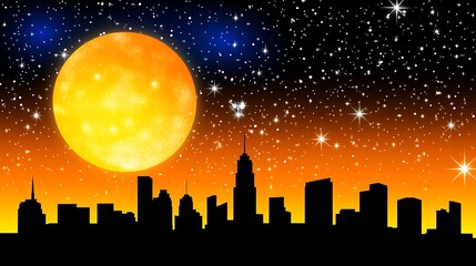 Nighttime city skyline under a vibrant orange moon.