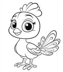 Fototapeta premium Coloring page of a cute cartoon peacock with big feathers and big eyes for children with clear lines and a white background in a simple style