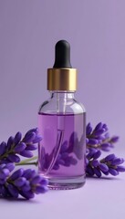 Elegant lavender oil bottle with dropper Fragrant purple blooms, clean background , white background, cosmetic