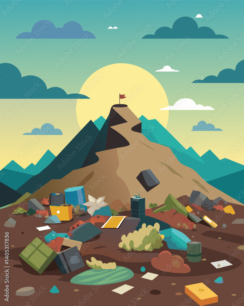 Poster the once flat and barren expanse of the landfill had now transformed into a haphazard landscape of t