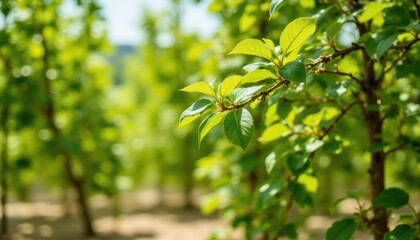 Obraz premium Fresh Green Leaves on a Tree Vibrant Nature Scene Outdoor Environment Close-Up View Lush Growth Concept
