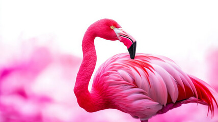 Bright pink flamingo isolated, standing elegant and graceful, looking content
