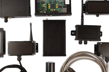 Modern electronic circuits on a white background, a set of various devices