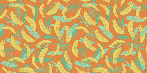 Fruit, food, bananas and tropical leaves. Seamless  pattern, color vector background. Palm leaves, nature. Drawing, doodle illustration.