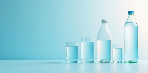 Group of empty and full glass water bottles on a pastel blue surface , lifestyle, hydration, pastel blue