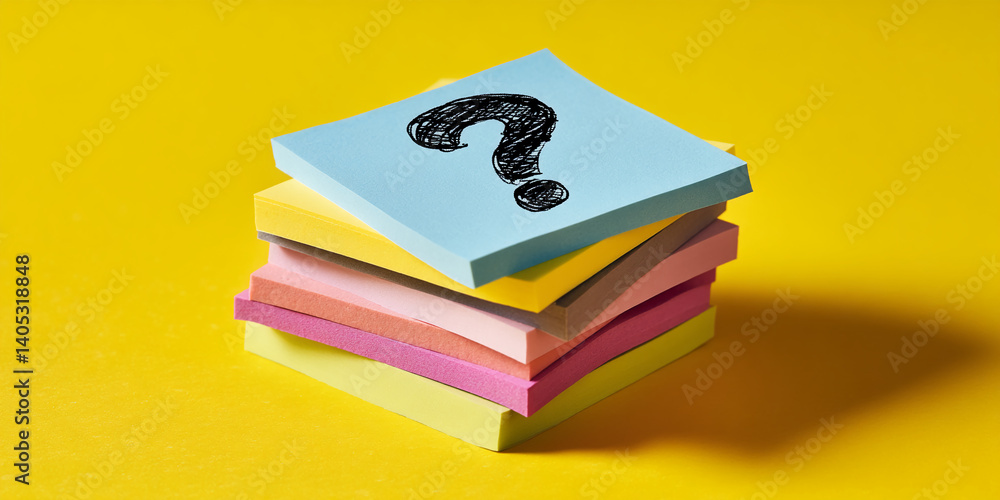 Aufkleber Stack of colorful sticky notes on yellow background, top note features black question mark, representing inquiry, problem-solving, or FAQ concept