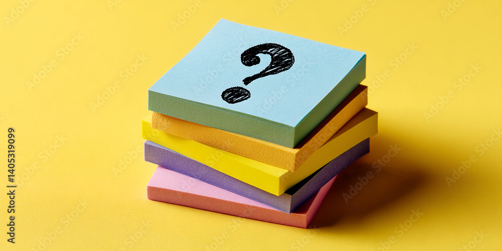 Poster stack of colorful sticky notes, top note features a black question mark, representing inquiry, probl