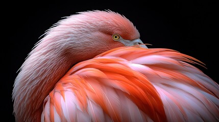 Close-up of a flamingo preening.  A captivating close-up portrait of a flamingo, showcasing vibrant plumage in shades of coral and  pink, delicately arranged feathers, and a  focused gaze,